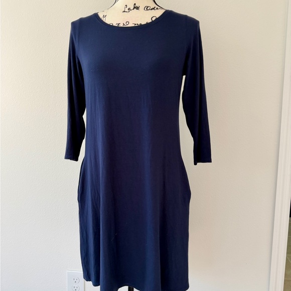 Eileen Fisher Jersey Flare Dress Viscose Blend Pockets Sz S Navy Blue Minimalist - Picture 10 of 11